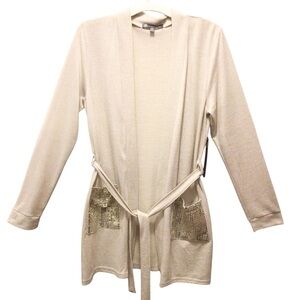 Daisy Fuentes Womens Tan Sequin Pocket Belted Cardigan Sweater Size Medium